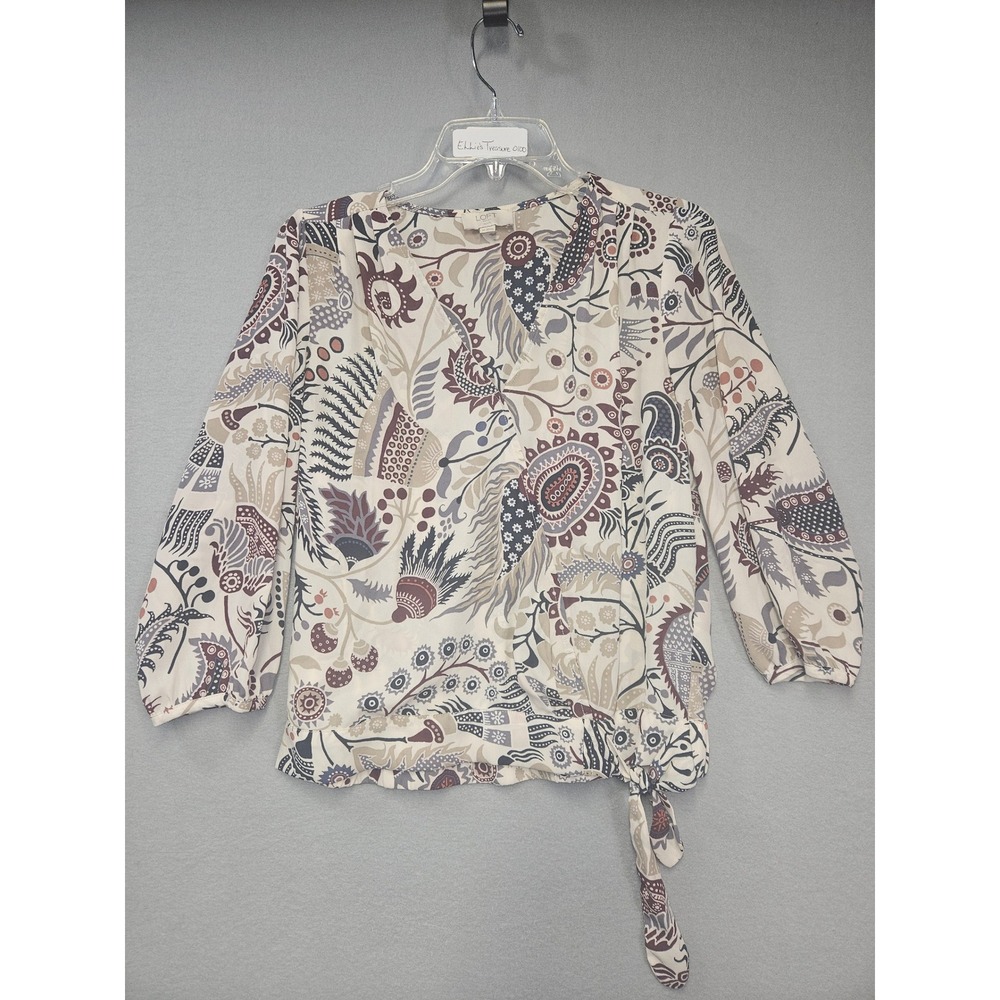 LOFT Outlet Petite Paisley Floral Side Tie Wrap Blouse SP Cream Burgundy Navy